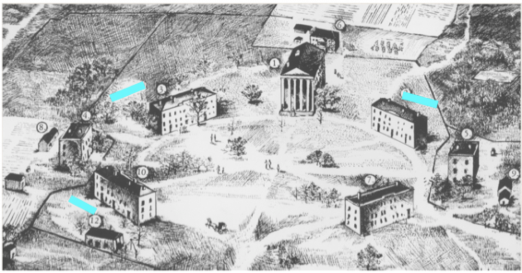 Deborah Freeland’s drawing, “The University of Mississippi Campus, 1861” showing the possible location of outbuildings that may have been slave quarters