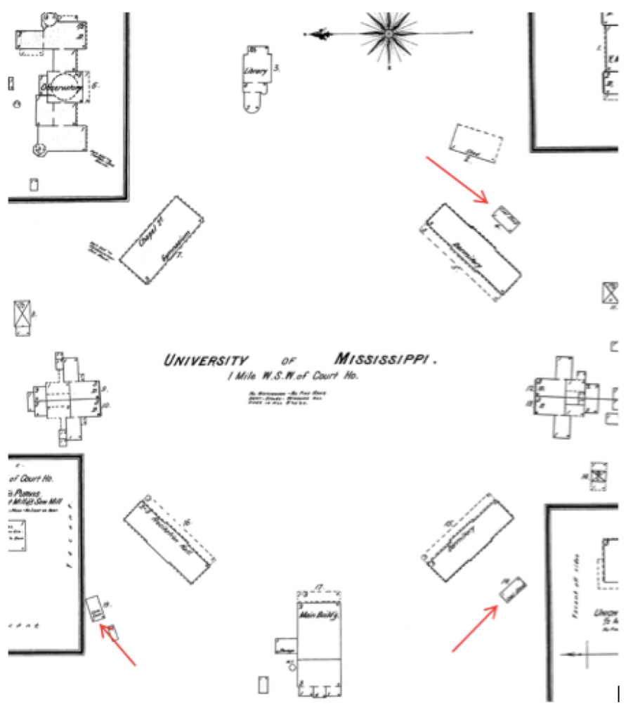 1895 Sanborn Map of UM Campus, red arrows showing outbuildings behind student dormitories, here labeled “coalsheds”