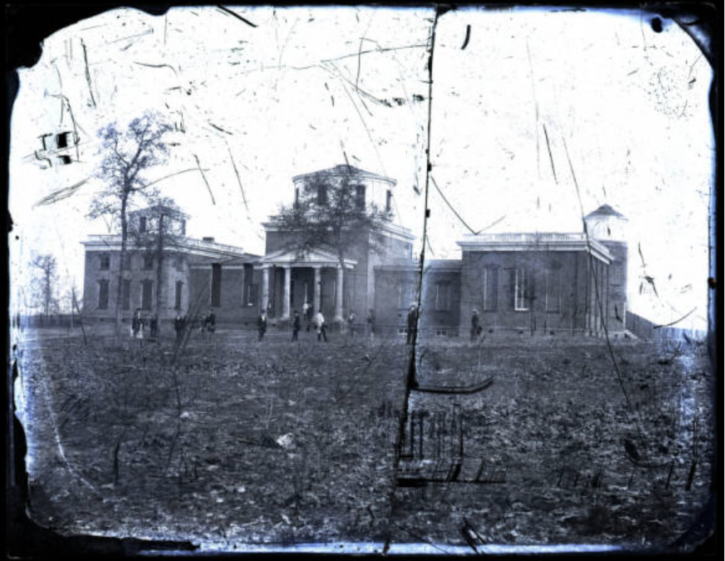 Observatory building exterior, students in front, collodion glass plate negative by Edward C. Boynton, c. 1856–61, The Department of Archives and Special Collections, J.D. Williams Library, The University of Mississippi.